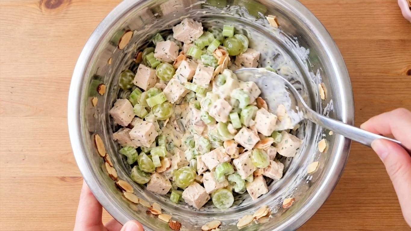 Chicken salad being stirred in a stainless steel mixing bowl, showing chunks of chicken, celery, grapes, and creamy dressing