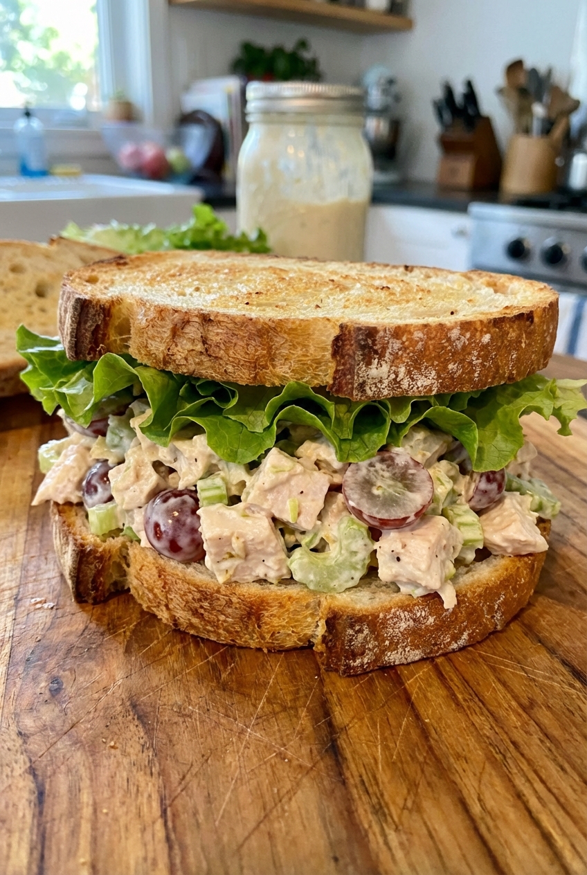 Chicken salad piled on toasted sandwich bread with lettuce and sliced grapes visible