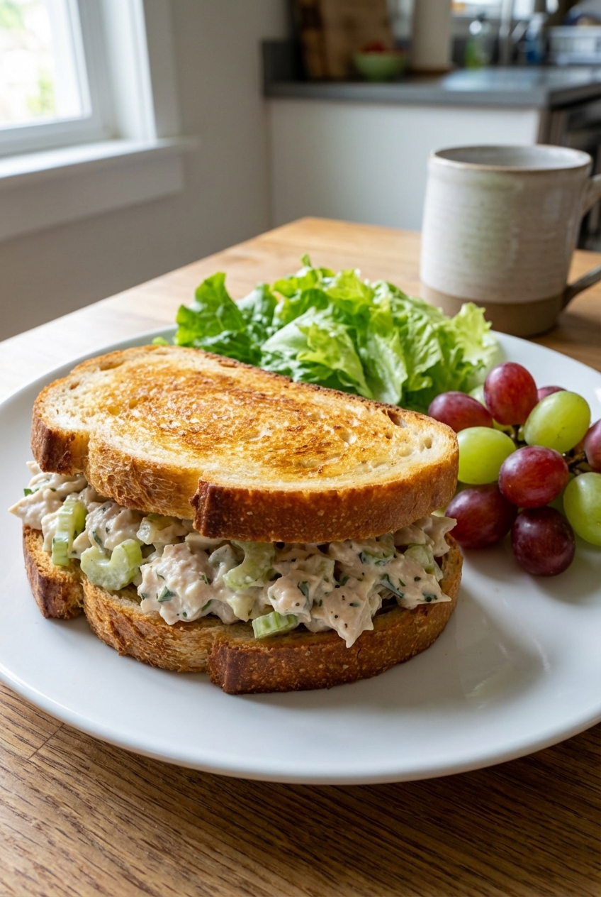 Chicken salad served on toasted sourdough with lettuce and grapes on the side