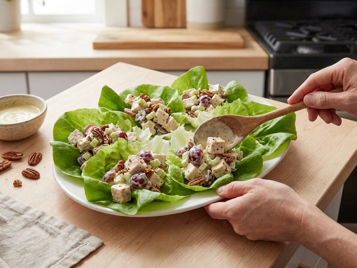 Chicken salad with grapes spooned into crisp lettuce cups on a white platter