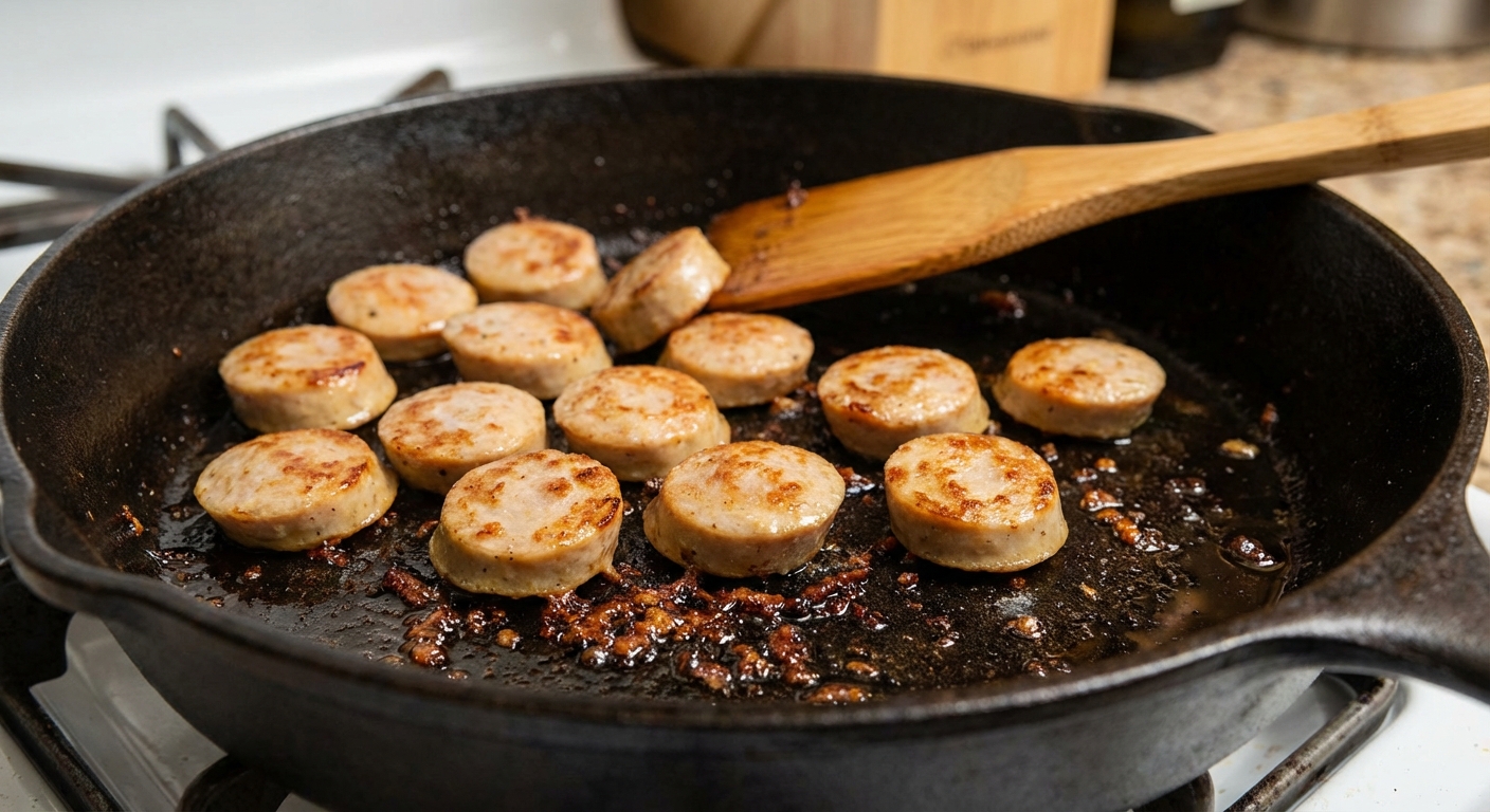 Chicken sausage slices browning in a skillet with caramelized bits forming on the pan surface