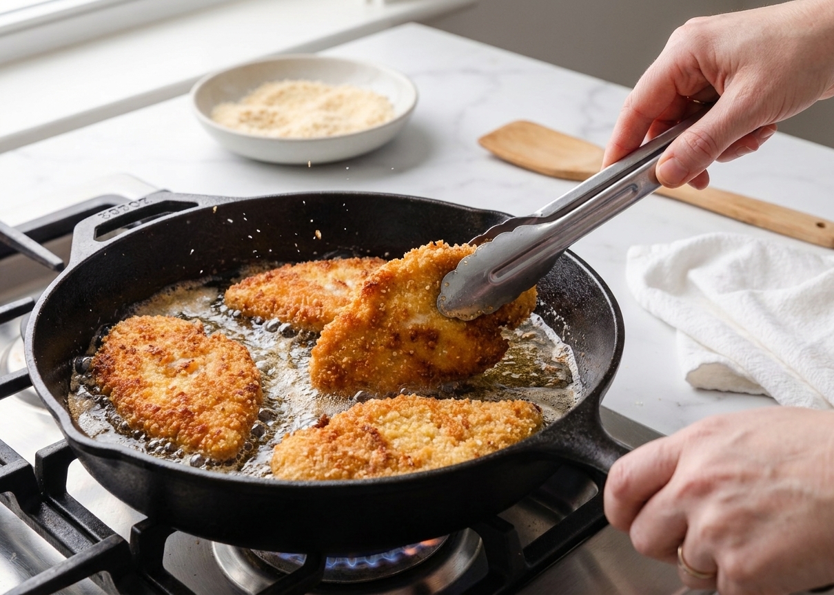 Chicken schnitzel cutlets frying in a skillet with bubbling oil, turning golden brown at the edges