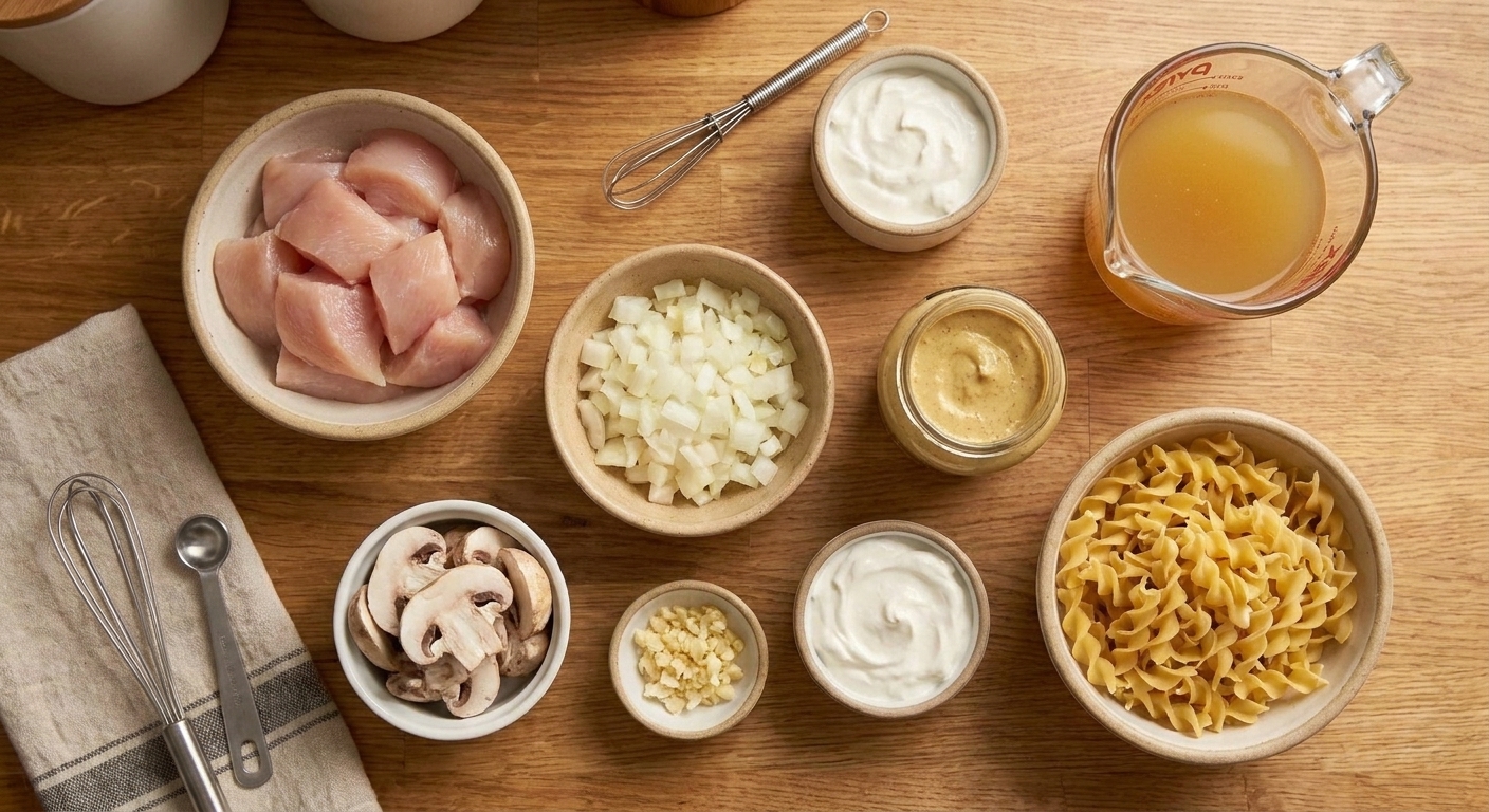 Chicken, sliced mushrooms, onion, garlic, sour cream, Dijon mustard, broth, and egg noodles arranged on a counter