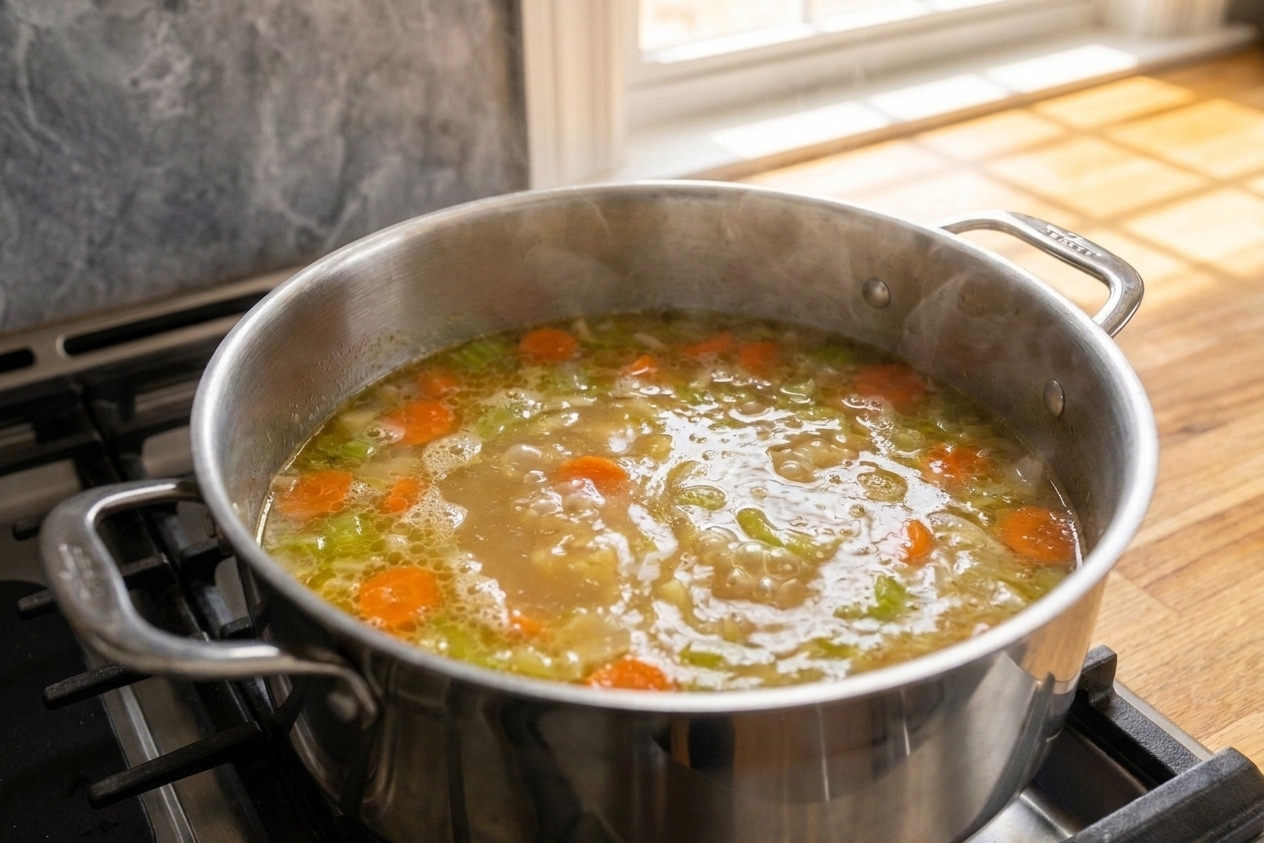 Chicken soup base gently bubbling in a pot with visible carrots and celery, small bubbles breaking the surface