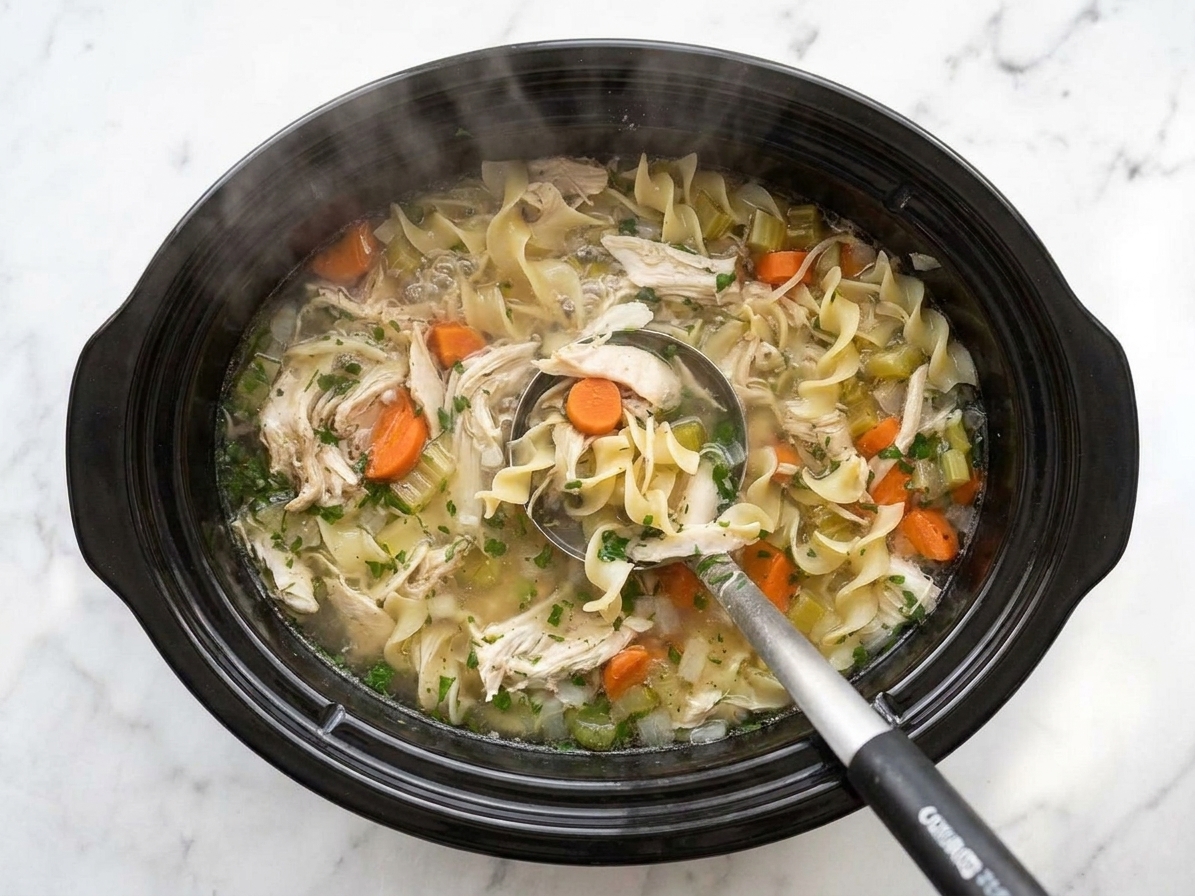 Chicken soup gently simmering in a slow cooker with carrots and celery visible in the broth