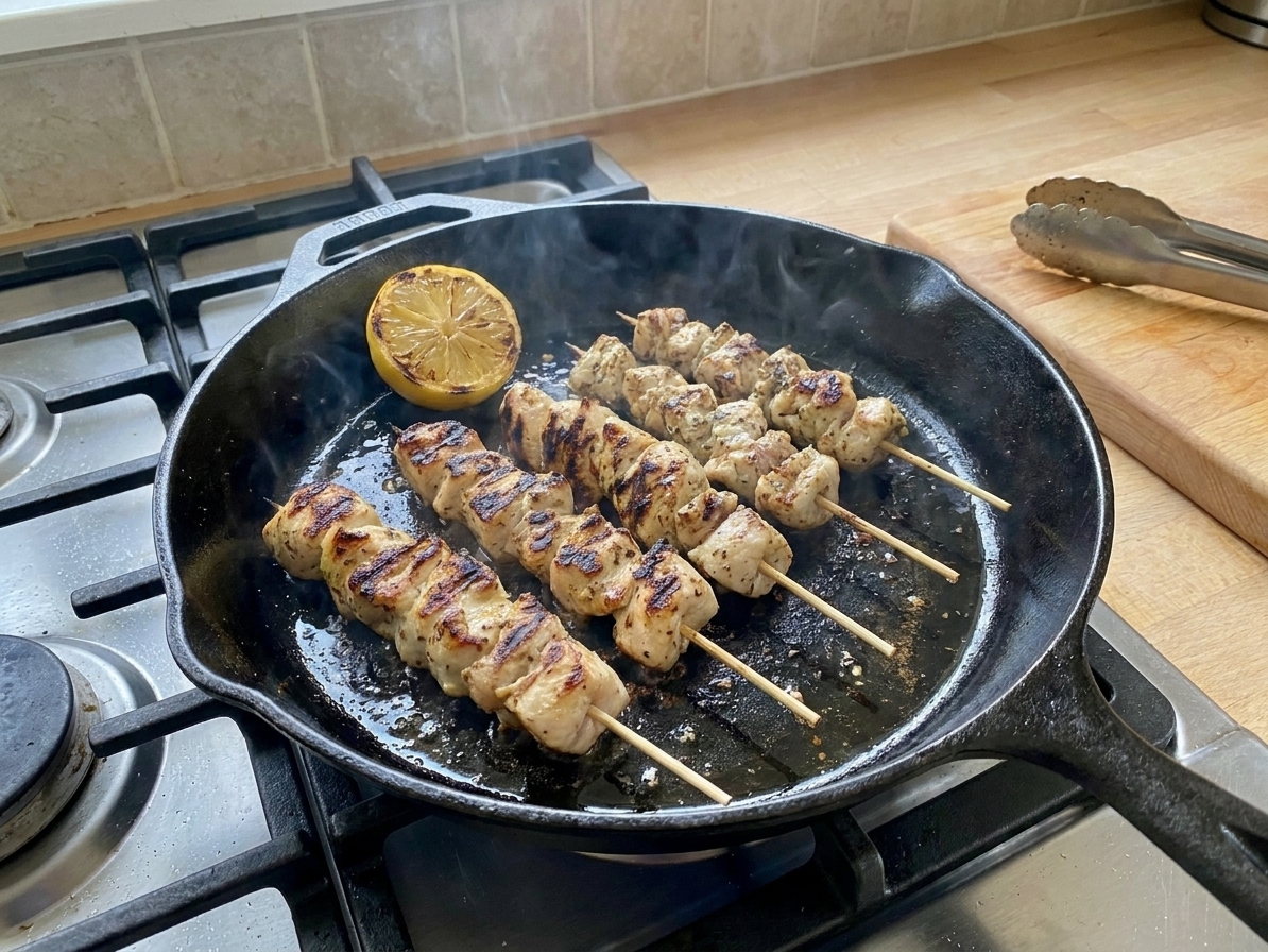Chicken souvlaki pieces searing in a cast iron skillet with browned edges and a lemon half nearby on the stove