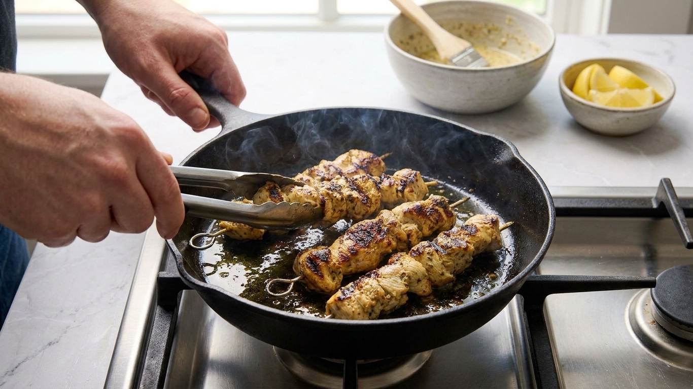 Chicken souvlaki pieces searing in a cast iron skillet with browned edges and a sheen of olive oil