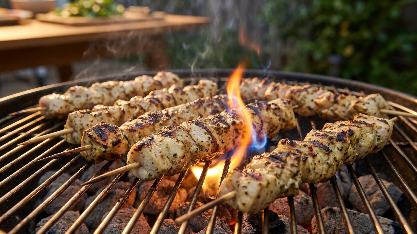 Chicken souvlaki skewers cooking on a grill with visible char marks and a small flame flare-up, outdoor evening light