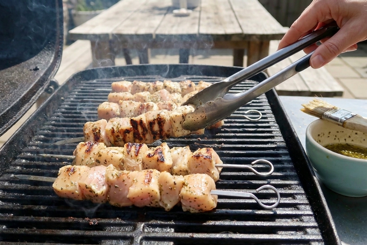 Chicken souvlaki skewers cooking on a hot grill with visible char marks forming as the meat cooks