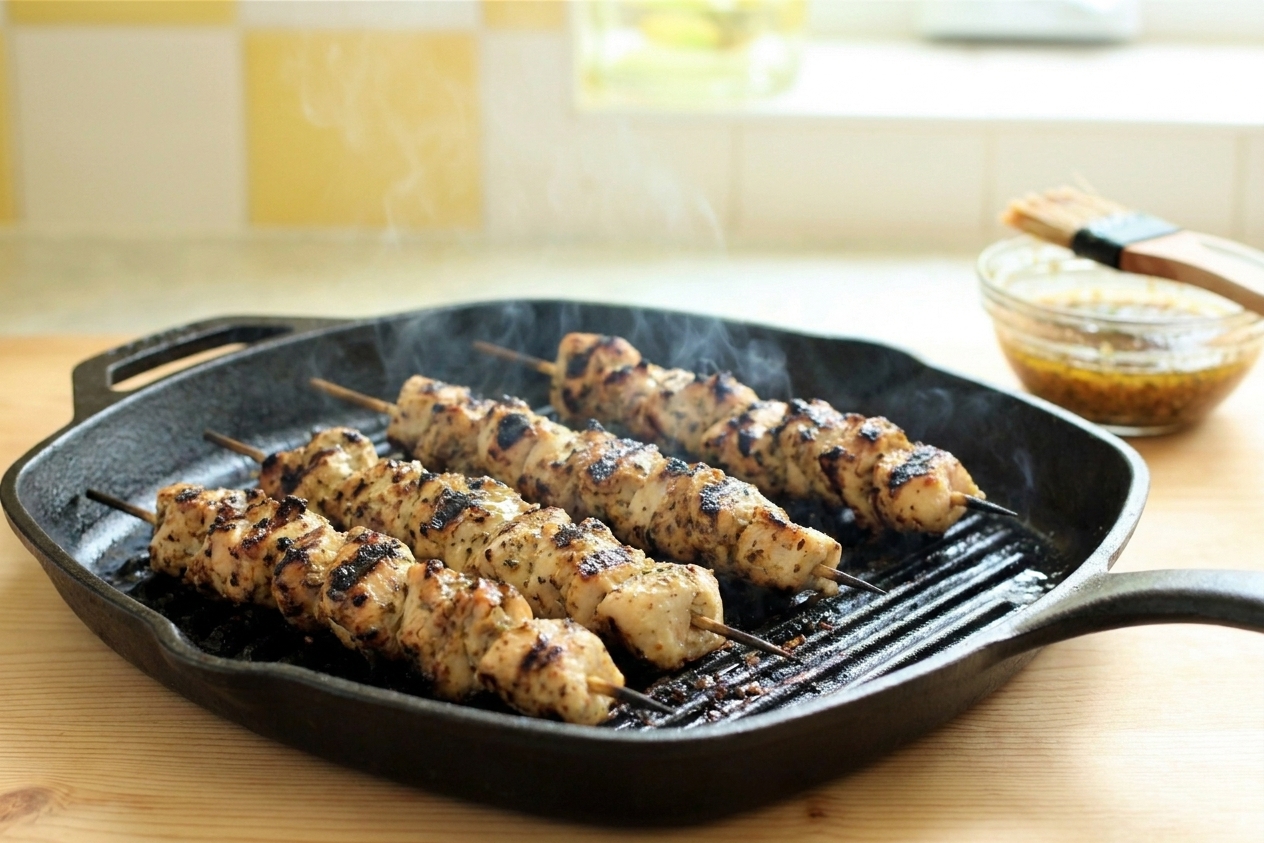 Chicken souvlaki skewers cooking on a hot grill with visible char marks and a light sheen of marinade