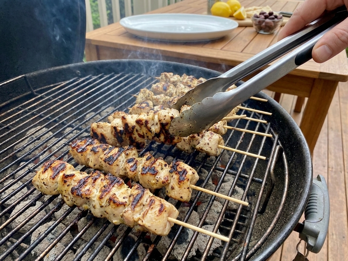Chicken souvlaki skewers cooking on an outdoor grill with visible char marks and a pair of tongs turning them