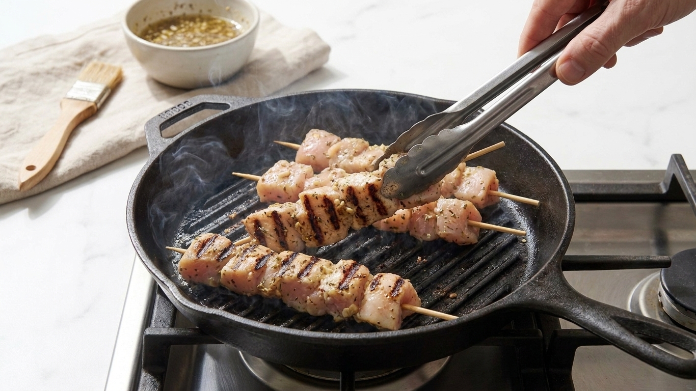 Chicken souvlaki skewers sizzling on a cast iron grill pan with grill marks forming