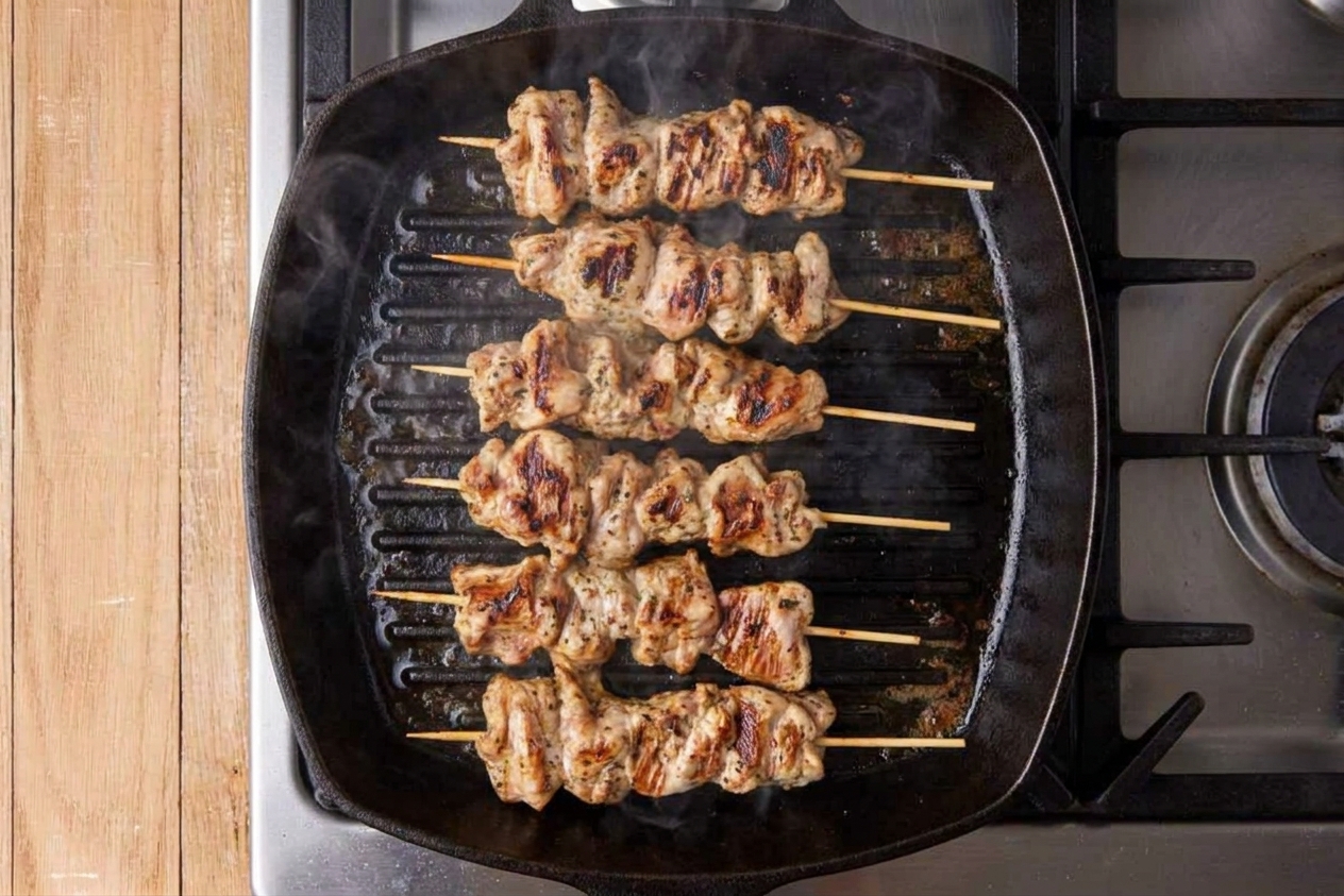Chicken souvlaki skewers sizzling on a hot grill pan on a stovetop with visible browning and steam
