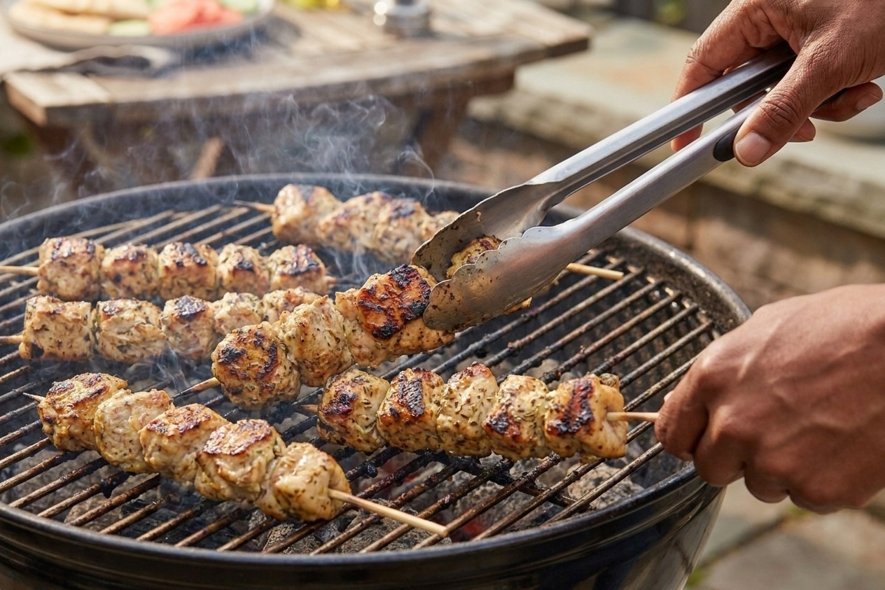 Chicken souvlaki skewers sizzling on a hot grill with visible char marks forming, with tongs hovering nearby in an outdoor cooking scene