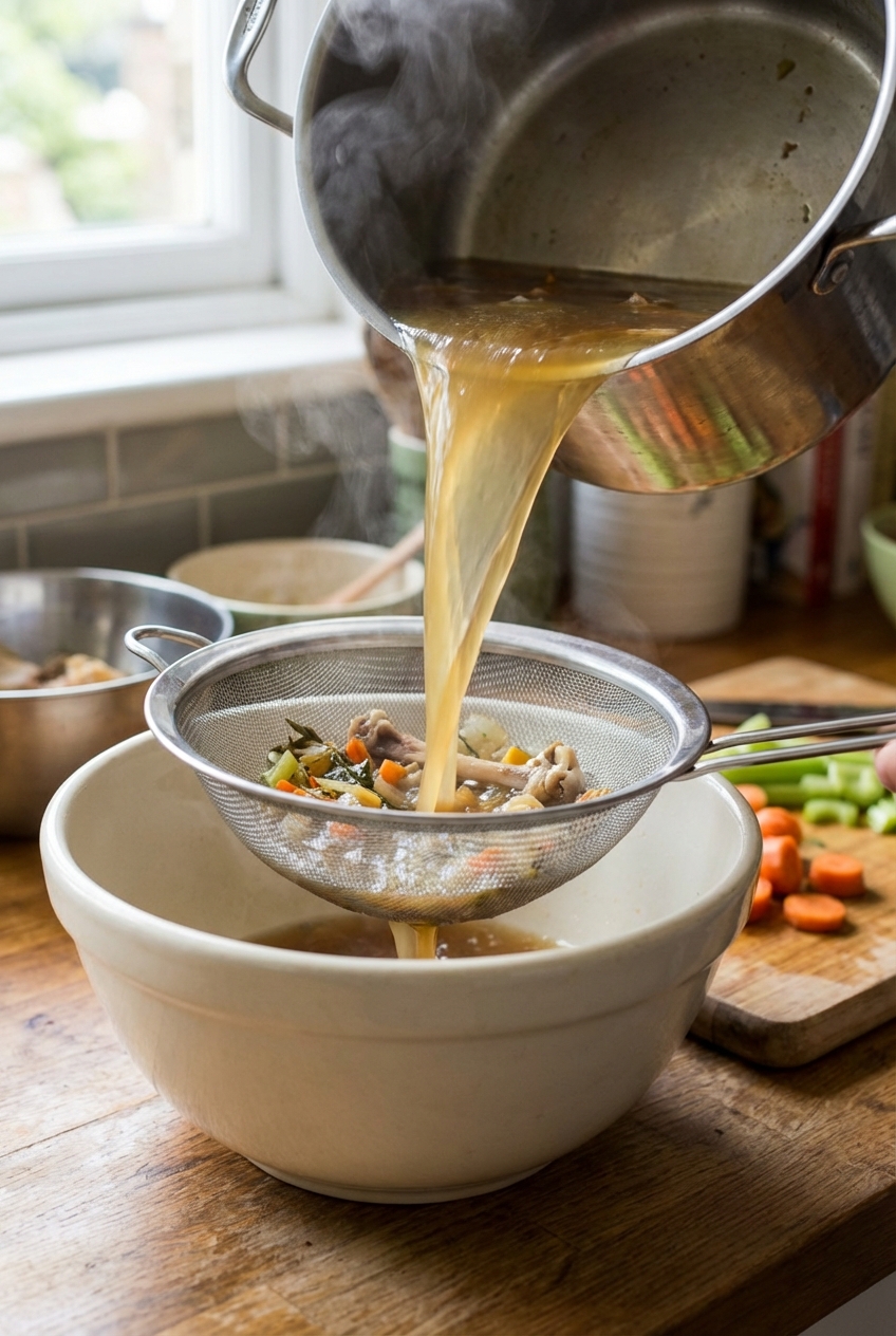 Chicken stock being poured through a fine mesh strainer into a large bowl on a kitchen counter