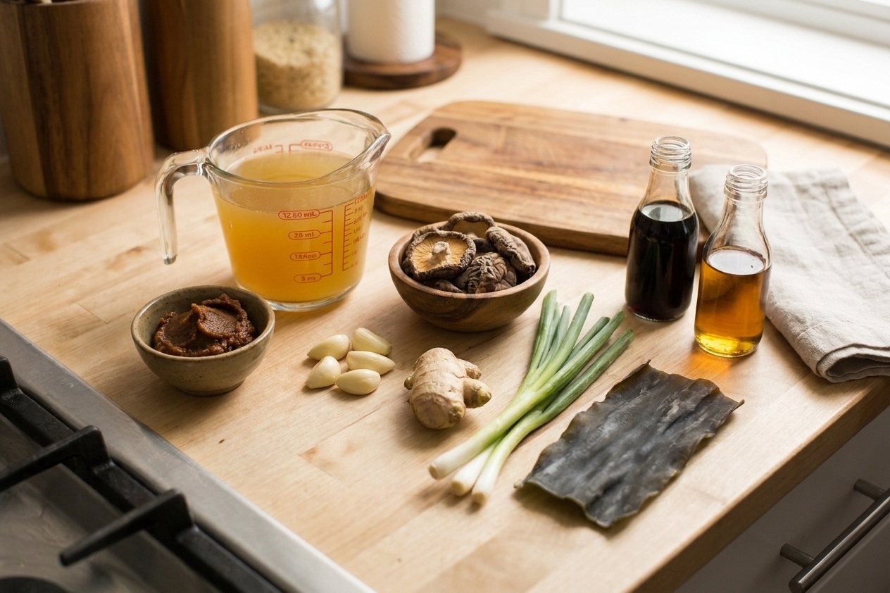 Chicken stock, garlic, ginger, scallions, dried shiitake mushrooms, kombu, miso paste, soy sauce, and sesame oil arranged on a kitchen counter