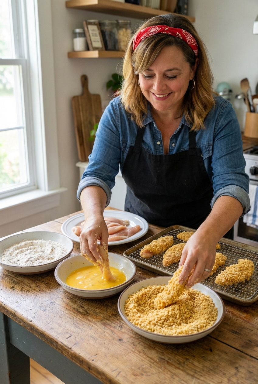 Chicken strips being dredged through seasoned flour, egg wash, and breadcrumbs on a kitchen counter