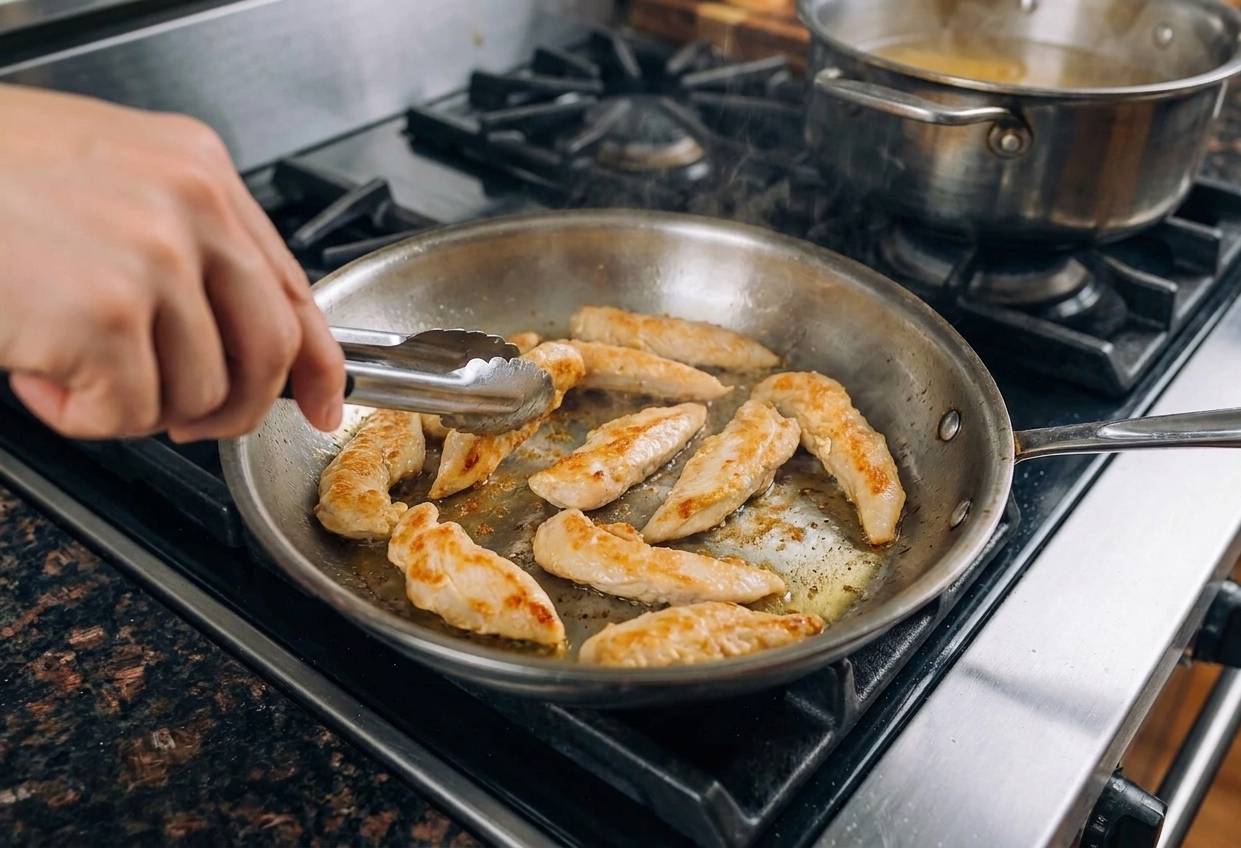 Chicken strips browning in a hot skillet with lightly crisped edges