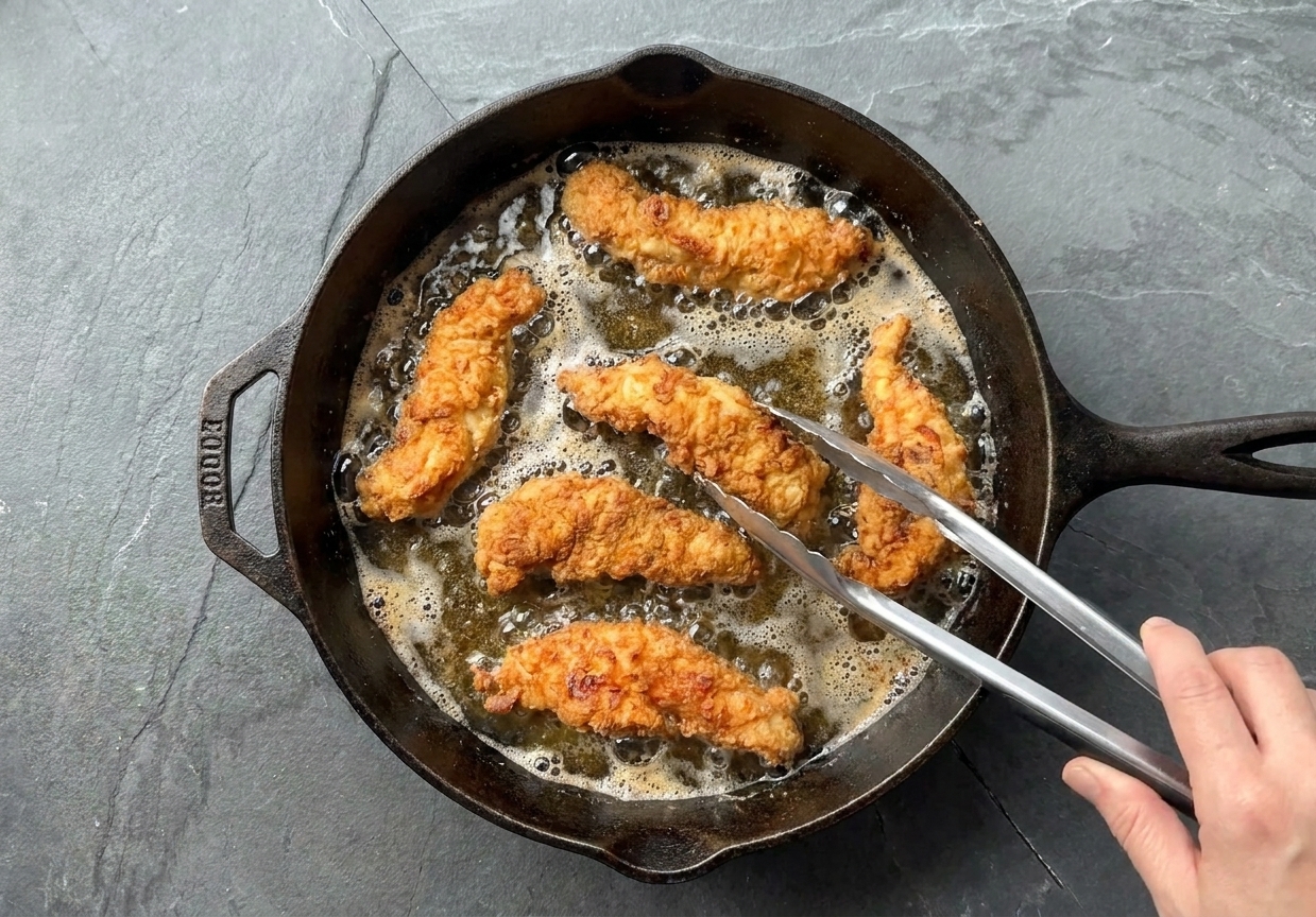 Chicken strips frying in a cast iron skillet with bubbling oil, golden coating forming, with tongs hovering above