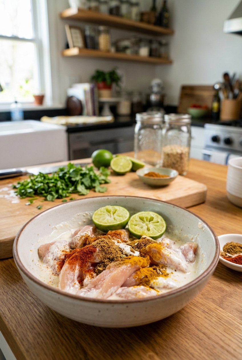 Chicken strips marinating in a bowl with lime juice, spices, and yogurt on a kitchen counter