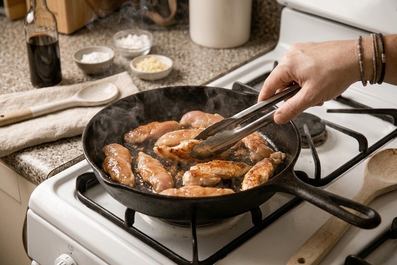 Chicken strips searing in a hot skillet with lightly browned edges over a home stove