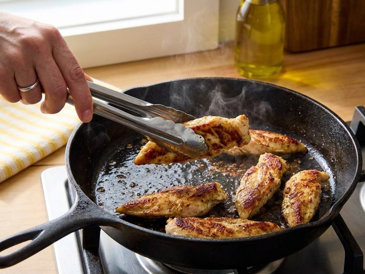 Chicken strips sizzling in a cast iron skillet with browned edges, with tongs lifting a piece to show sear