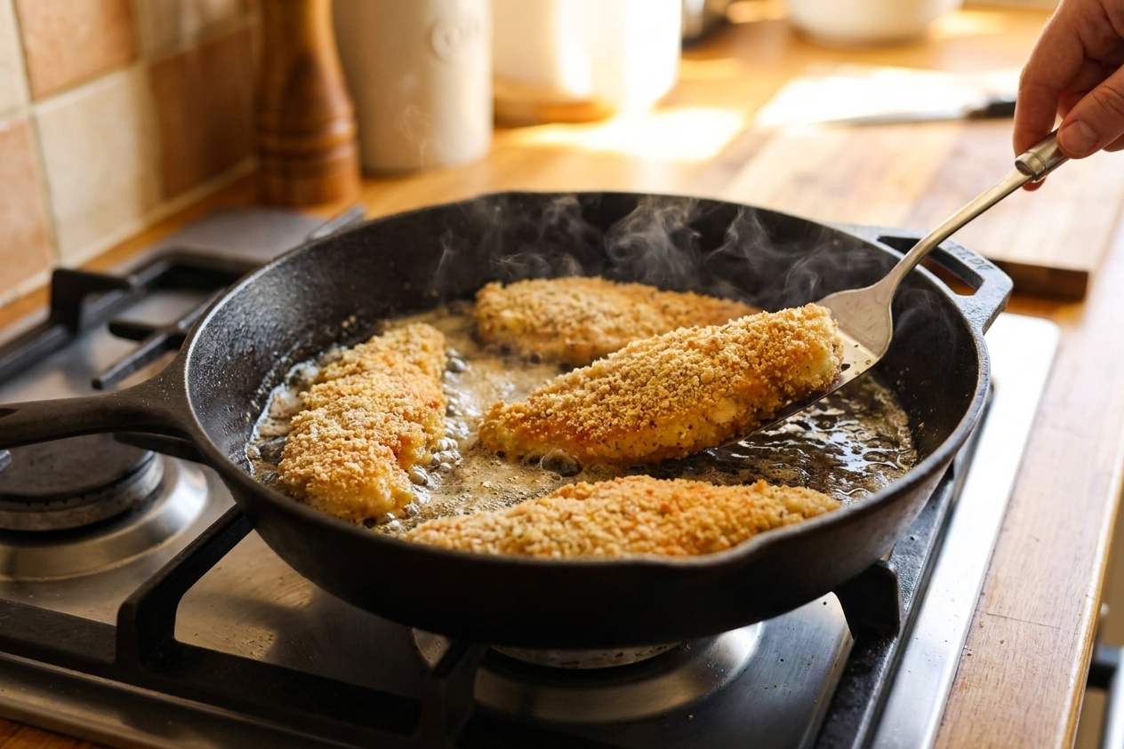 Chicken strips sizzling in a hot skillet with a light golden crust forming, shot over a home stove in warm kitchen lighting