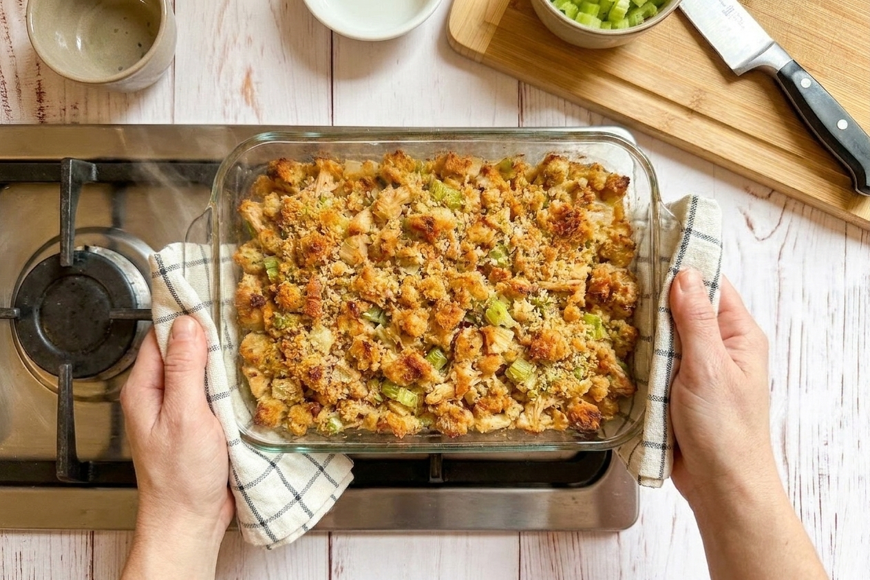 Chicken stuffing casserole fresh from the oven with a deeply golden, crisp stuffing topping in a baking dish on a stovetop