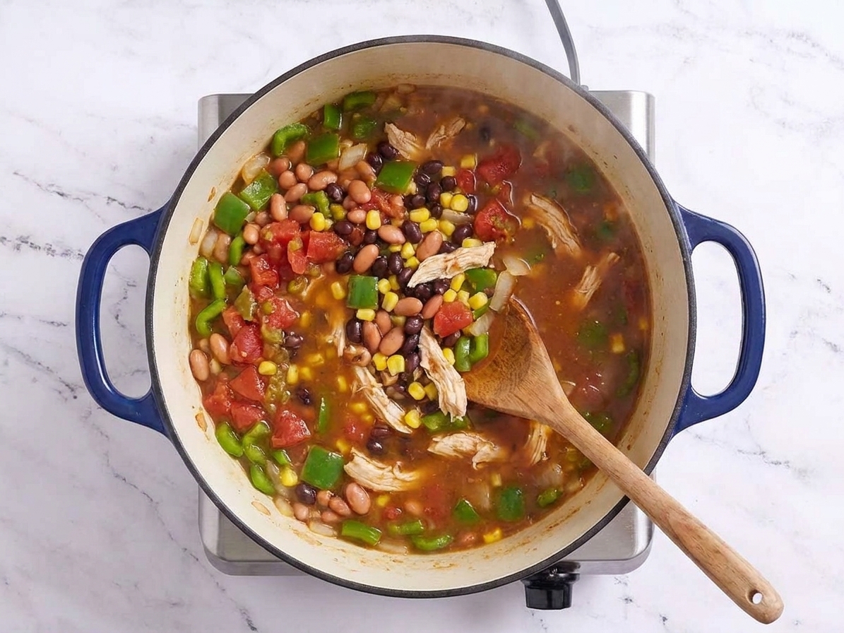 Chicken taco soup in a pot with beans, corn, and chicken pieces partially submerged in broth