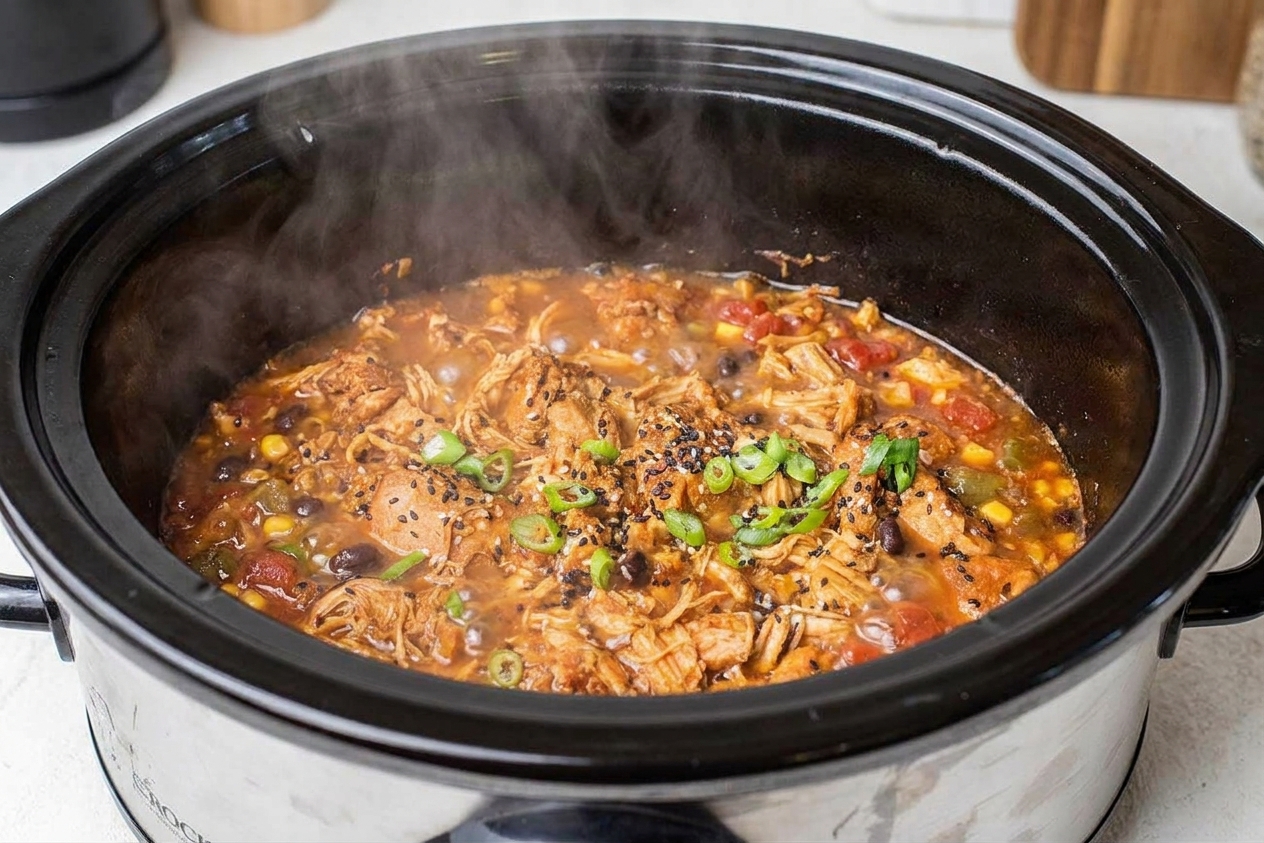 Chicken taco soup simmering inside a slow cooker with the lid lifted, steam rising and broth bubbling gently
