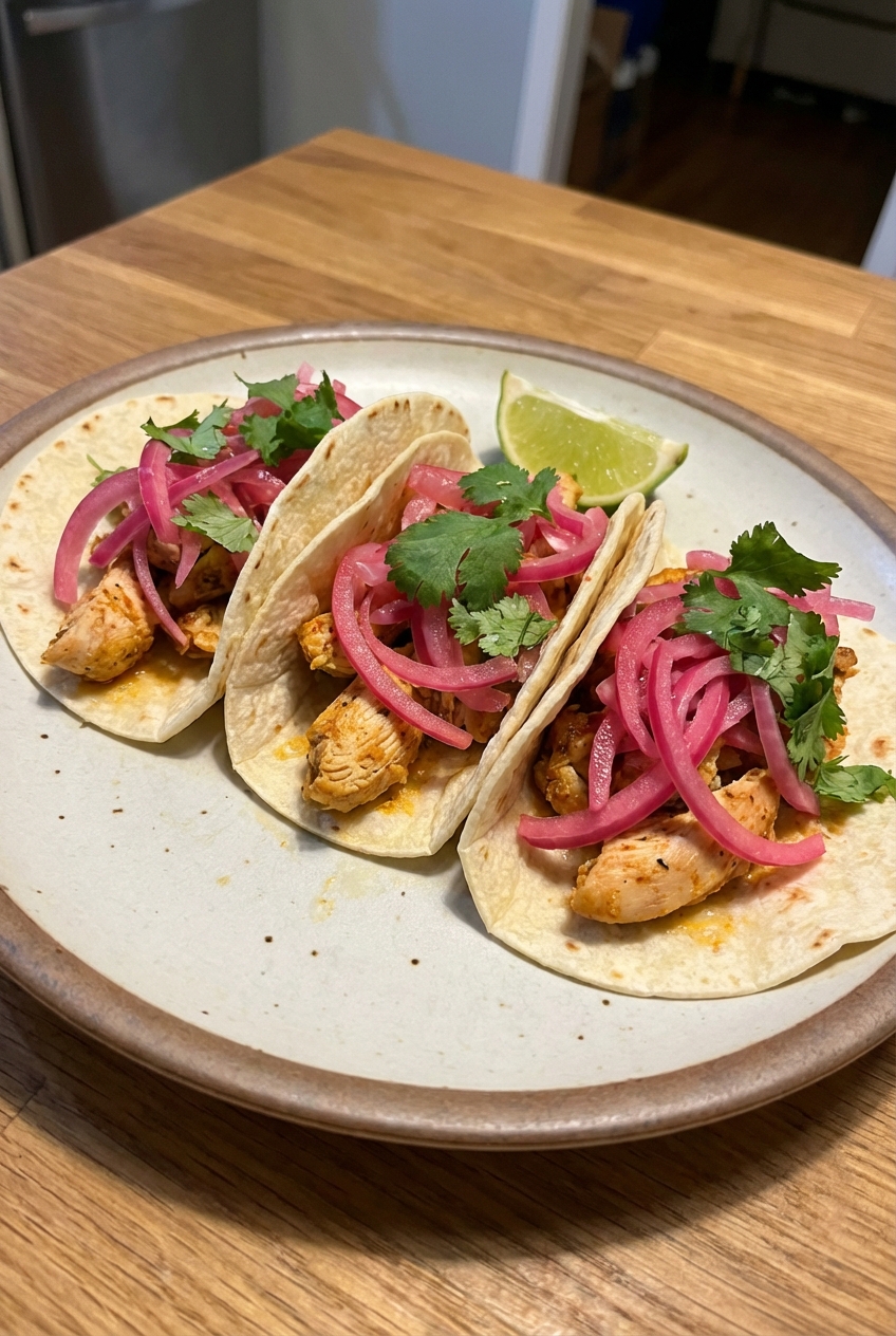 Chicken tacos topped with pickled red onions on a plate