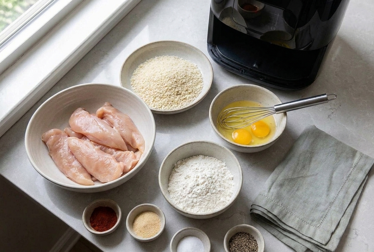 Chicken tender ingredients arranged on a kitchen counter including raw chicken tenderloins, panko breadcrumbs, eggs, flour, and small bowls of spices