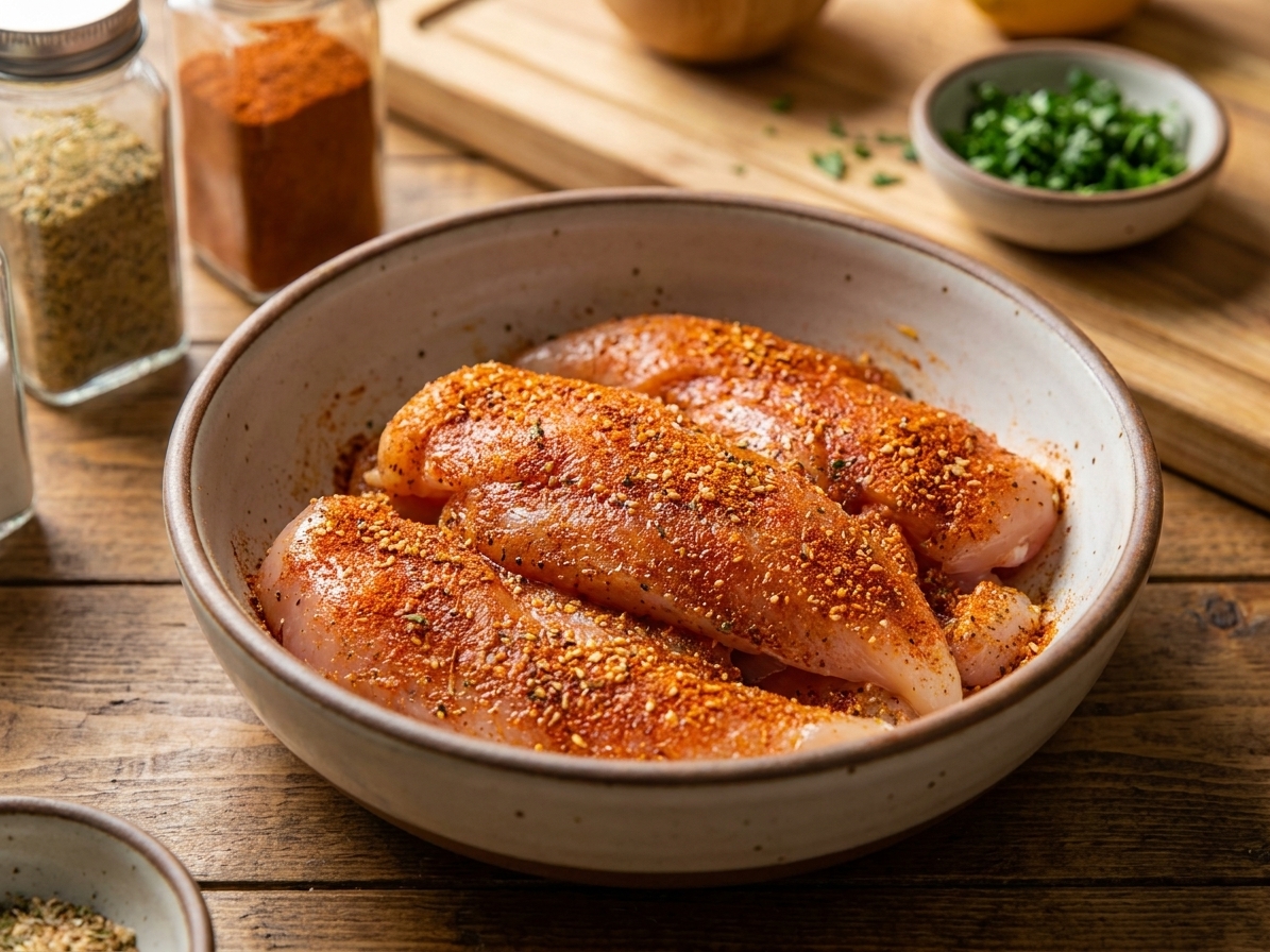 Chicken tenderloins coated in a paprika and garlic spice mixture inside a mixing bowl on a kitchen counter