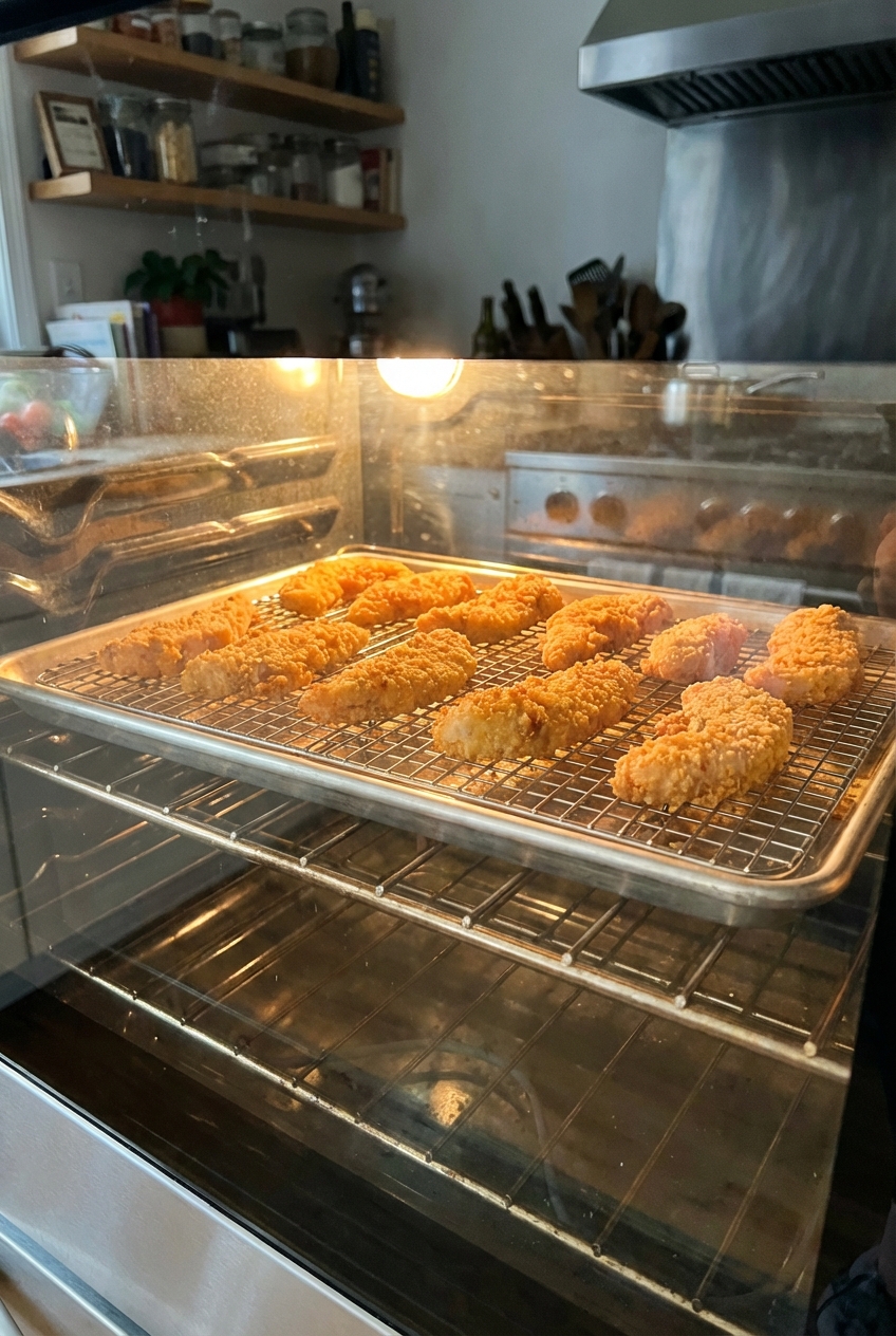 Chicken tenders baking on a wire rack over a sheet pan in a home oven