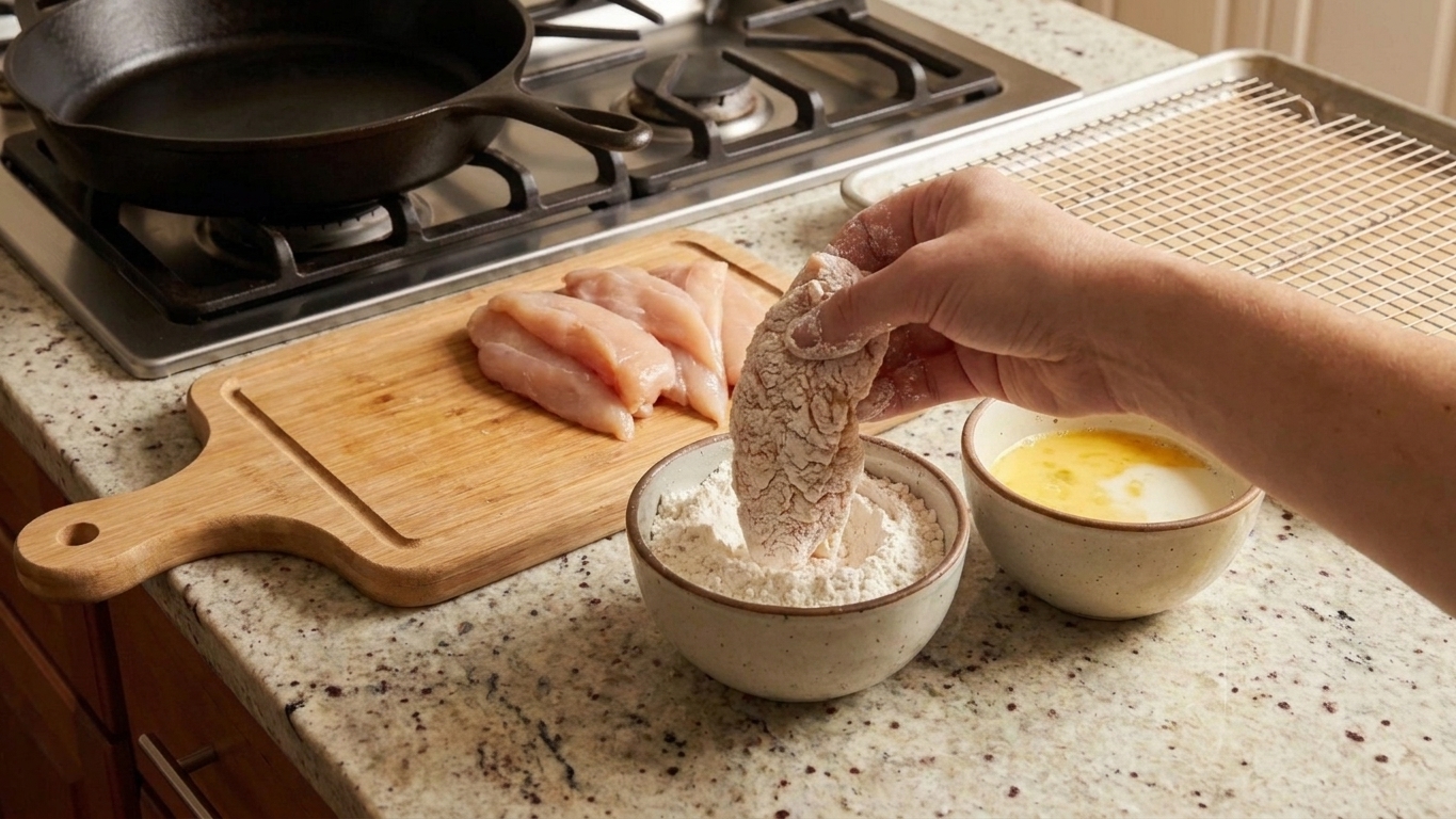 Chicken tenders being dredged in a flour and cornstarch mixture beside a bowl of egg and milk soak on a kitchen counter