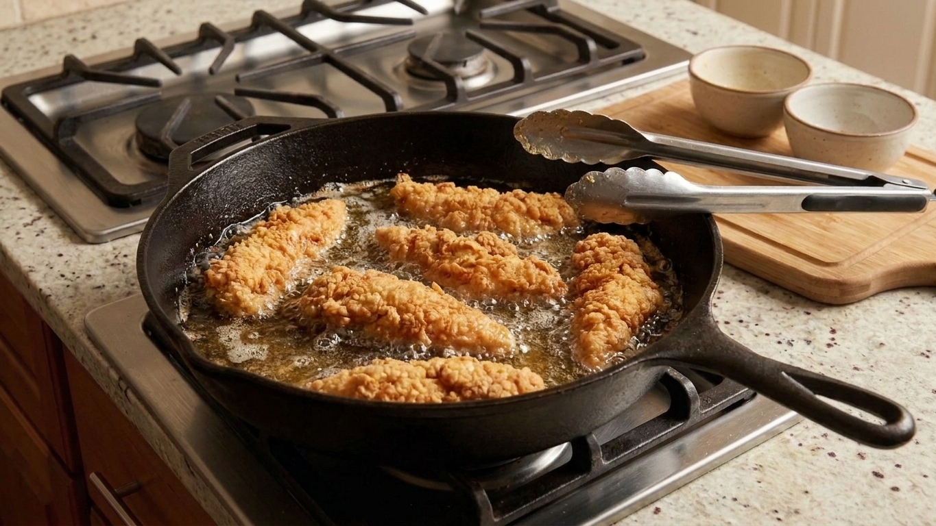 Chicken tenders bubbling in hot oil in a skillet on a stovetop with tongs nearby