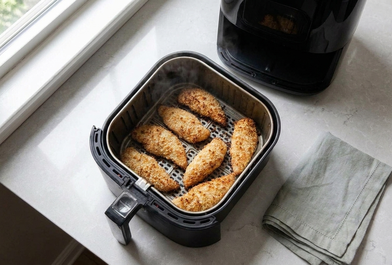 Chicken tenders cooking in an air fryer basket, turning golden brown with crisp edges