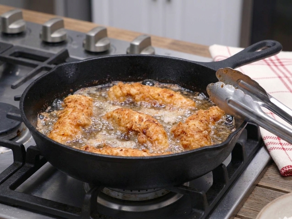 Chicken tenders frying in bubbling oil in a cast iron skillet on a stovetop with tongs resting on the pan edge