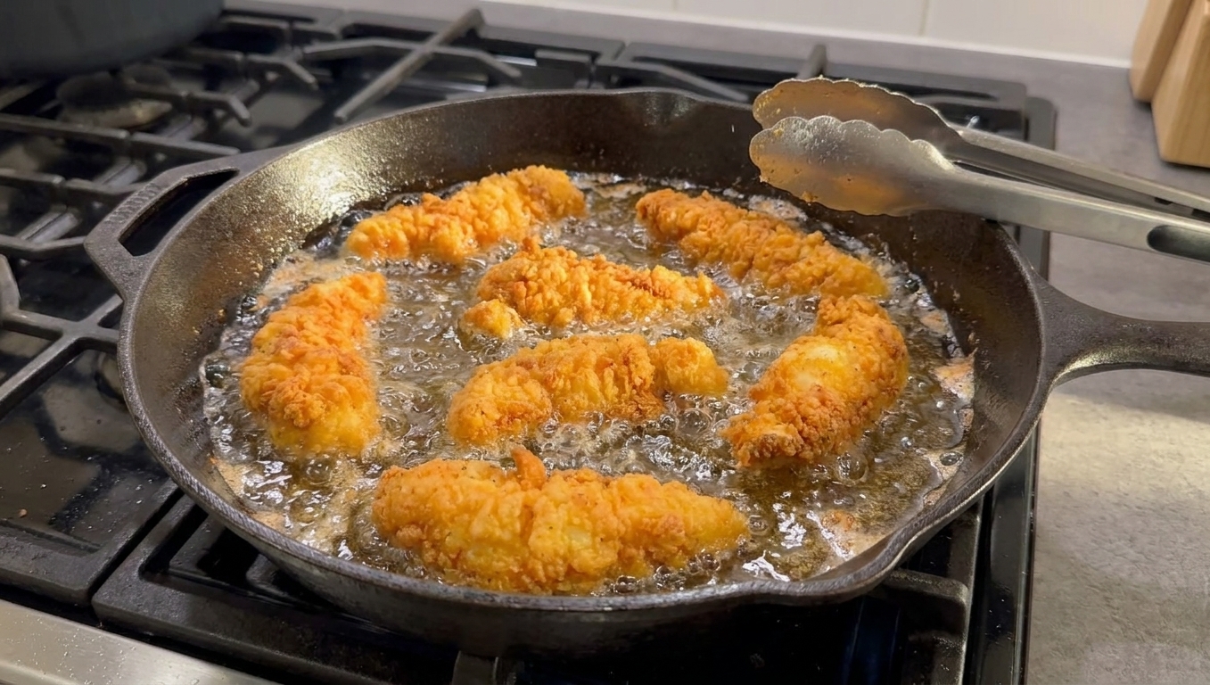 Chicken tenders frying in bubbling oil in a deep skillet on a stovetop with tongs nearby