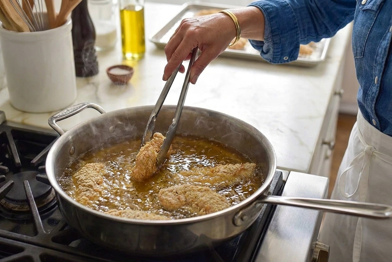 Chicken tenders frying in bubbling oil in a skillet on a stovetop
