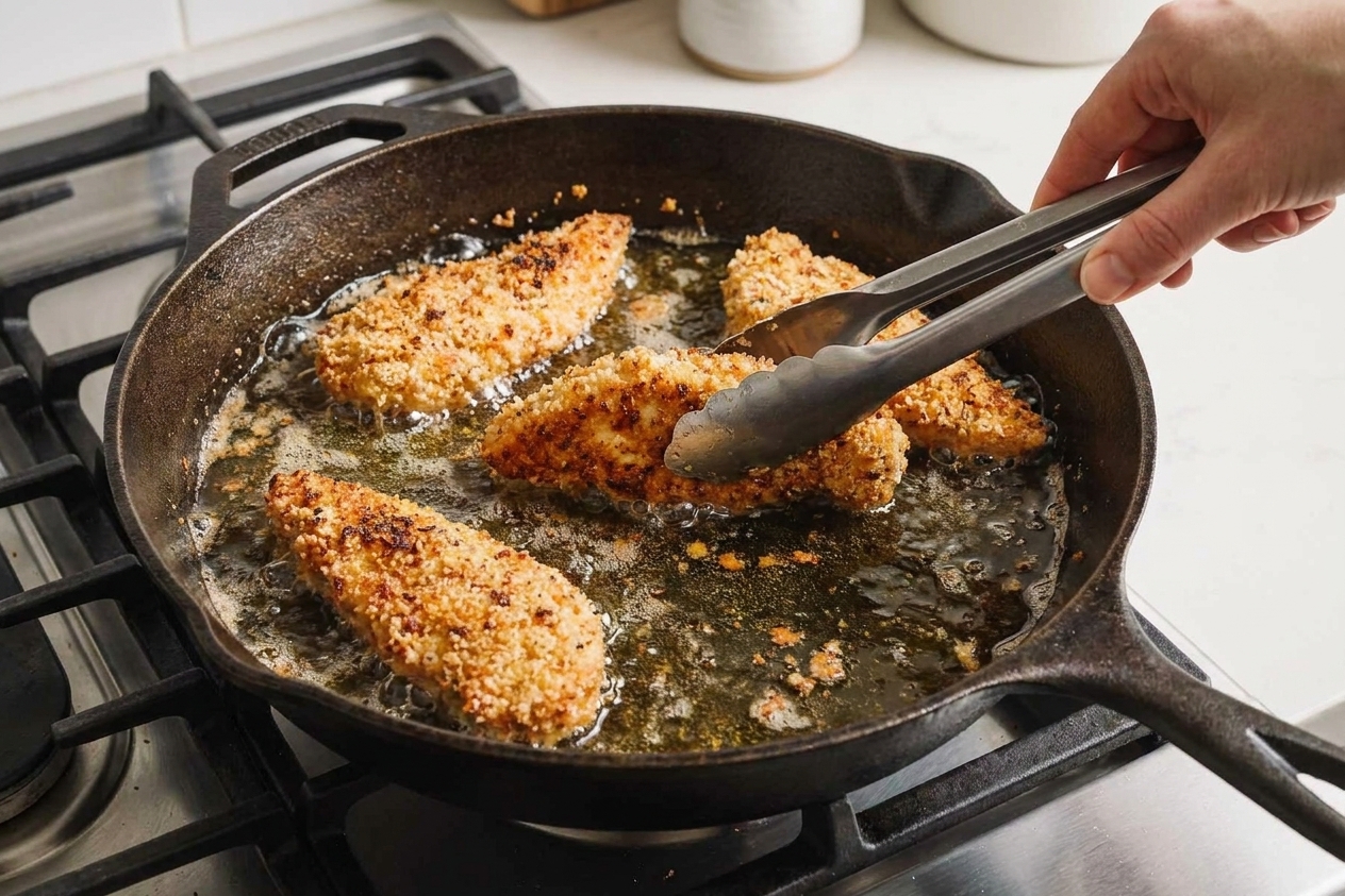 Chicken tenders frying in hot oil in a cast iron skillet on a stovetop, with tongs turning one tender