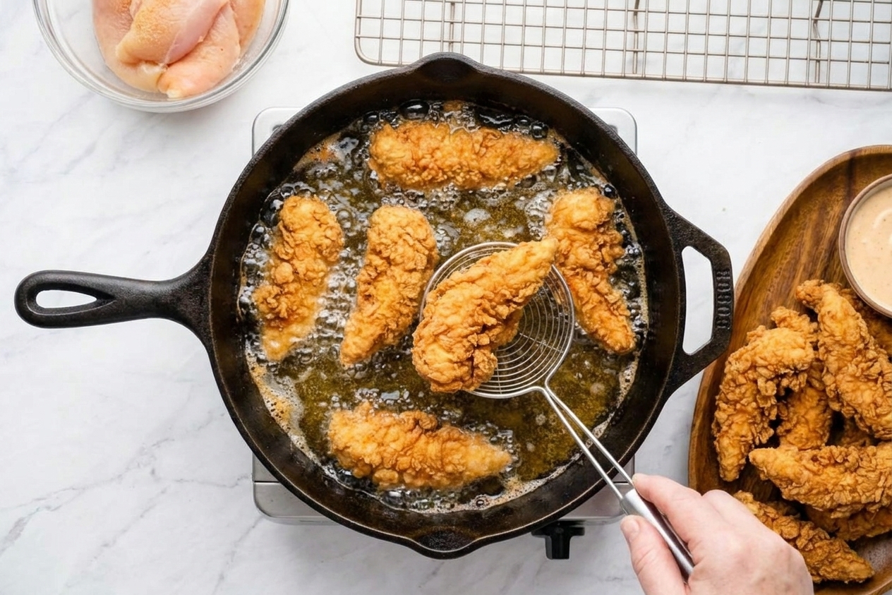 Chicken tenders frying in hot oil in a cast iron skillet with steady bubbling around the edges