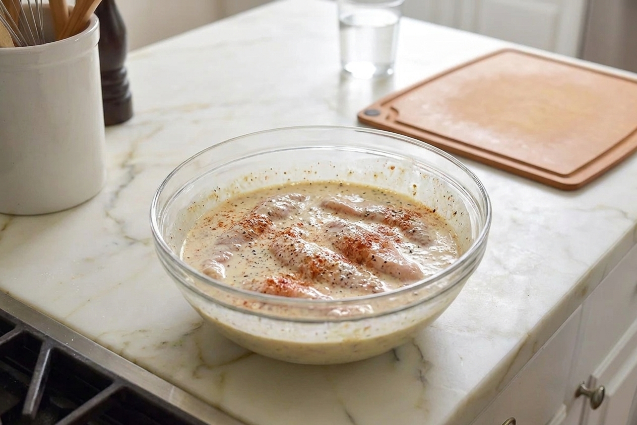 Chicken tenders soaking in a bowl of seasoned buttermilk on a kitchen counter