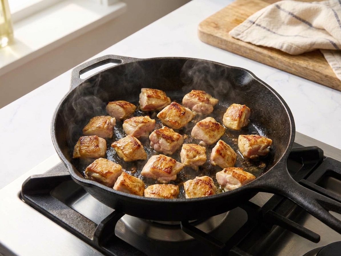 Chicken thigh pieces browning in a hot skillet on a stovetop with visible golden edges and light steam