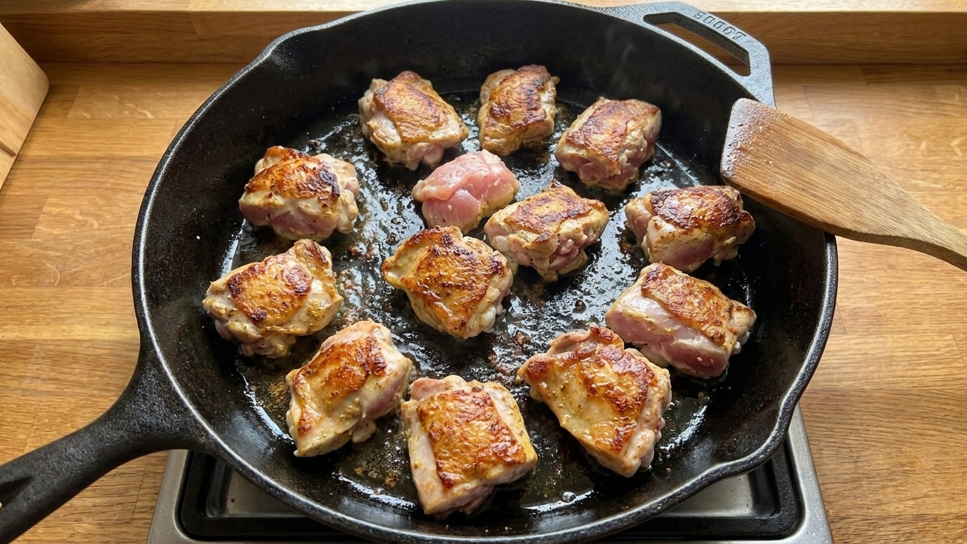 Chicken thigh pieces browning in a hot skillet with golden edges, viewed from above on a stovetop