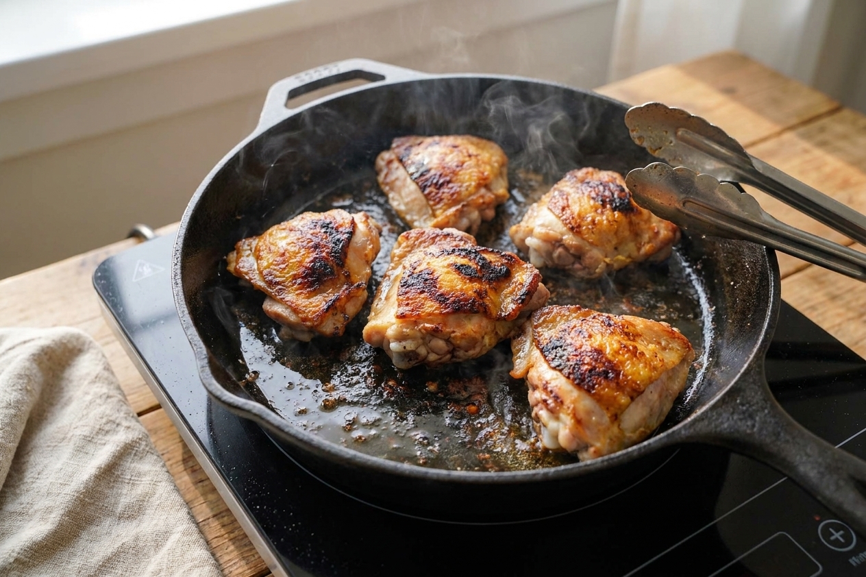 Chicken thigh pieces browning in a hot skillet with crisp edges forming, viewed from above on a home stove