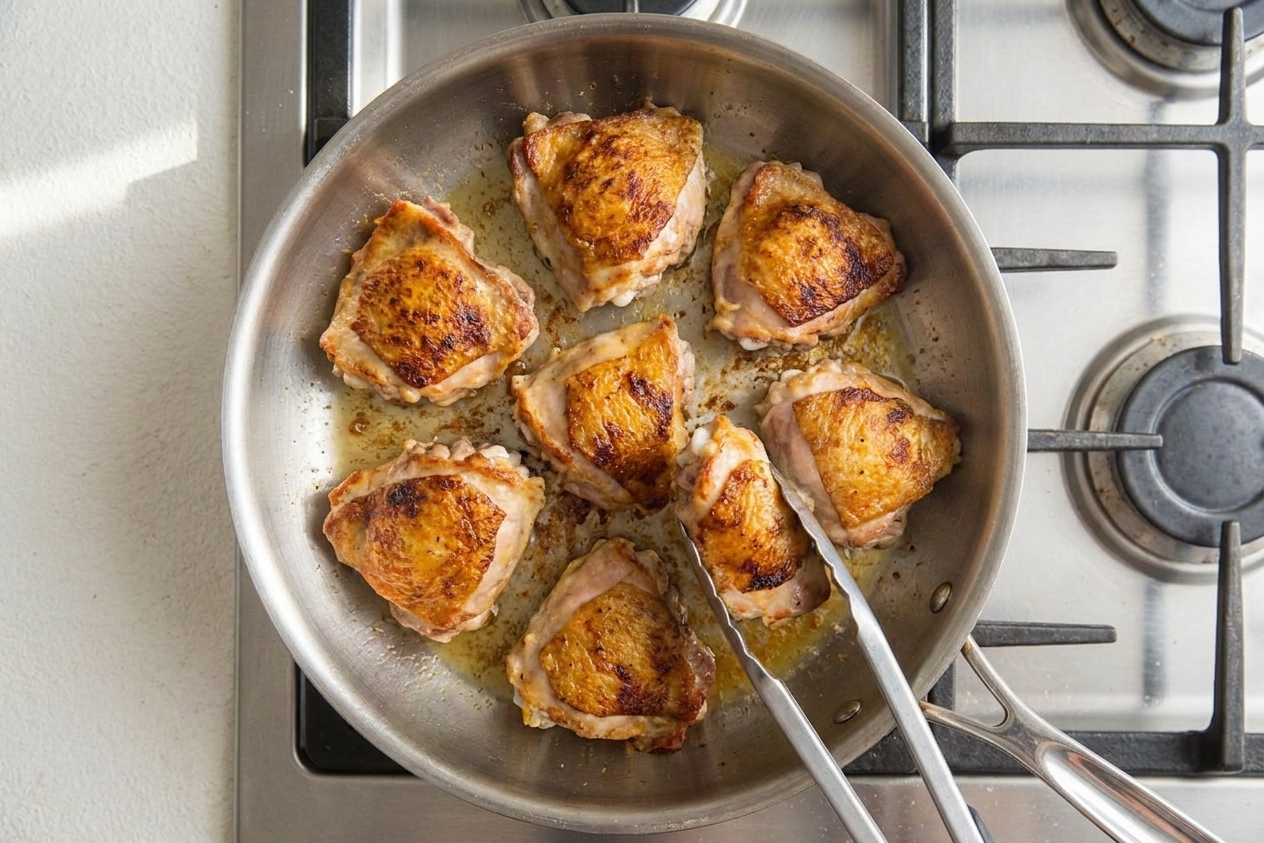 Chicken thigh pieces browning in a skillet with golden edges, cooking on a stovetop