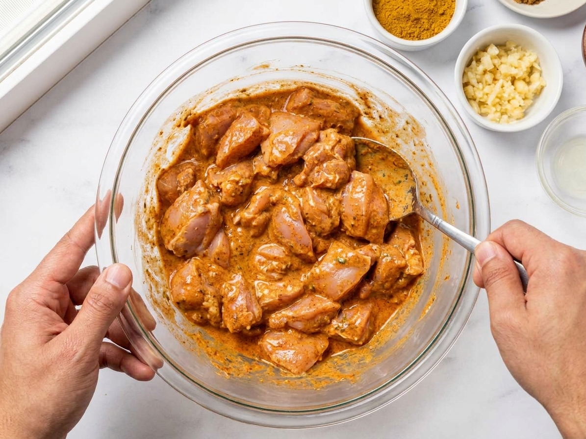 Chicken thigh pieces coated in spiced yogurt marinade inside a mixing bowl on a kitchen counter
