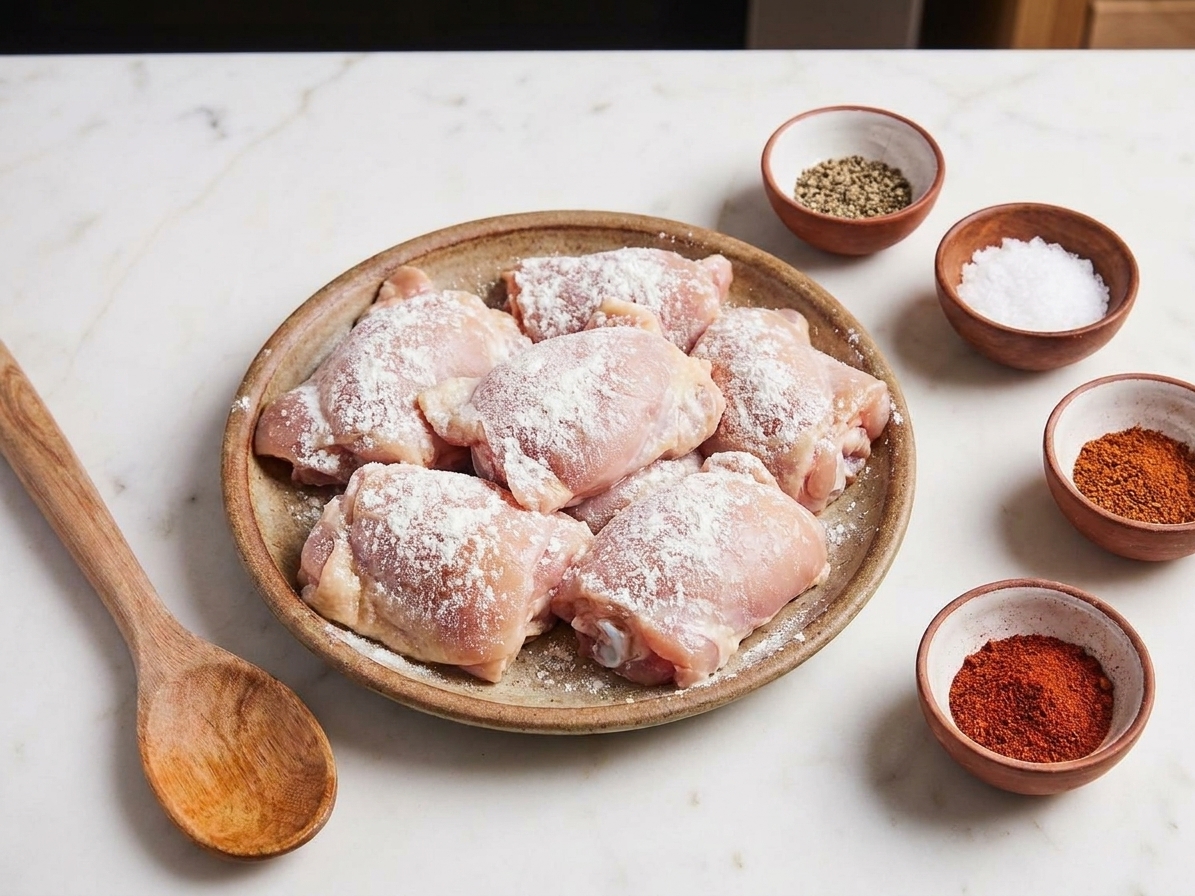 Chicken thigh pieces lightly coated in cornstarch on a plate next to small bowls of seasoning