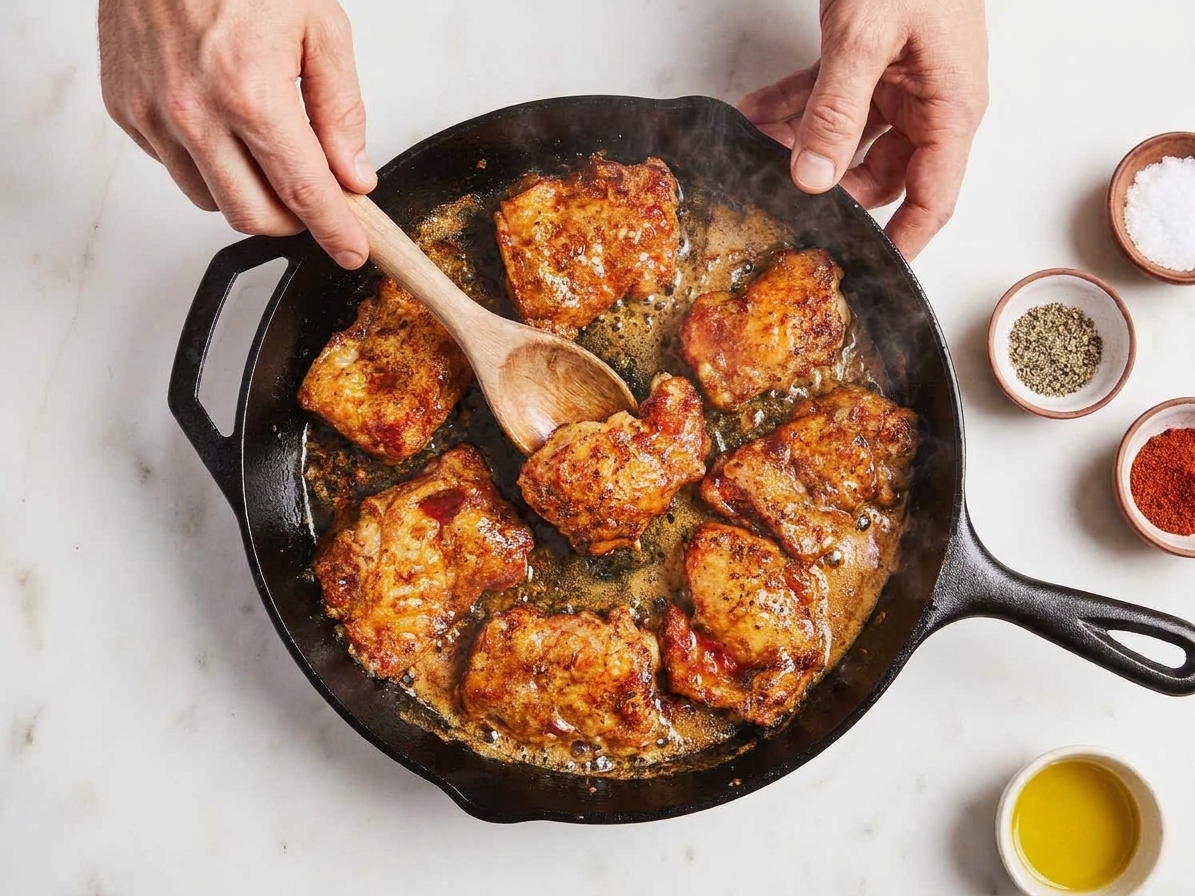 Chicken thigh pieces searing in a hot skillet with golden brown edges forming